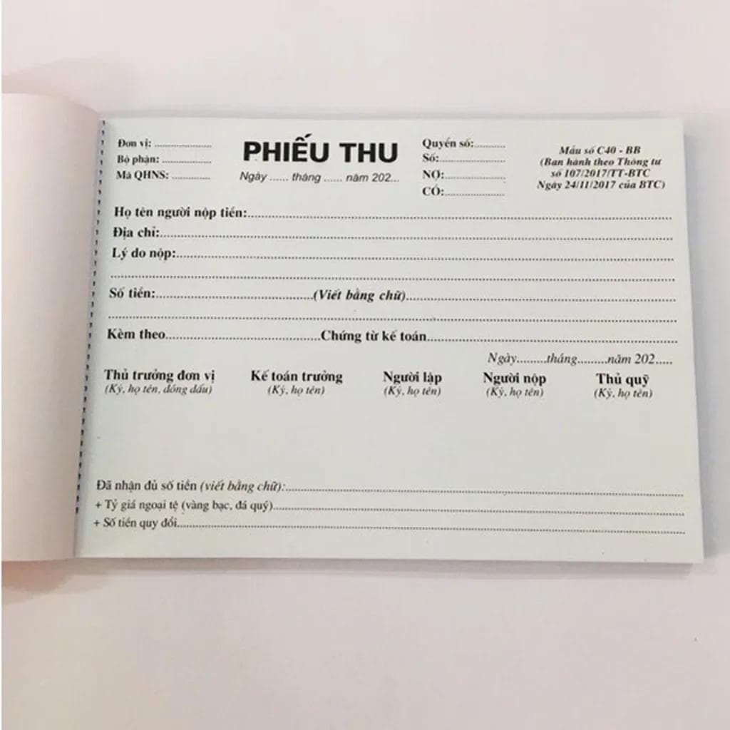 Sổ phiếu thu 2 liên đóng tập tiện lưu trữ hồ sơ lâu dài