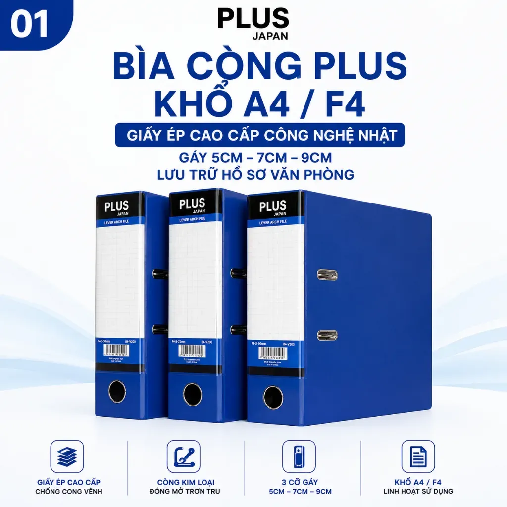 Bìa còng Plus khổ F4 giấy ép công nghệ Nhật