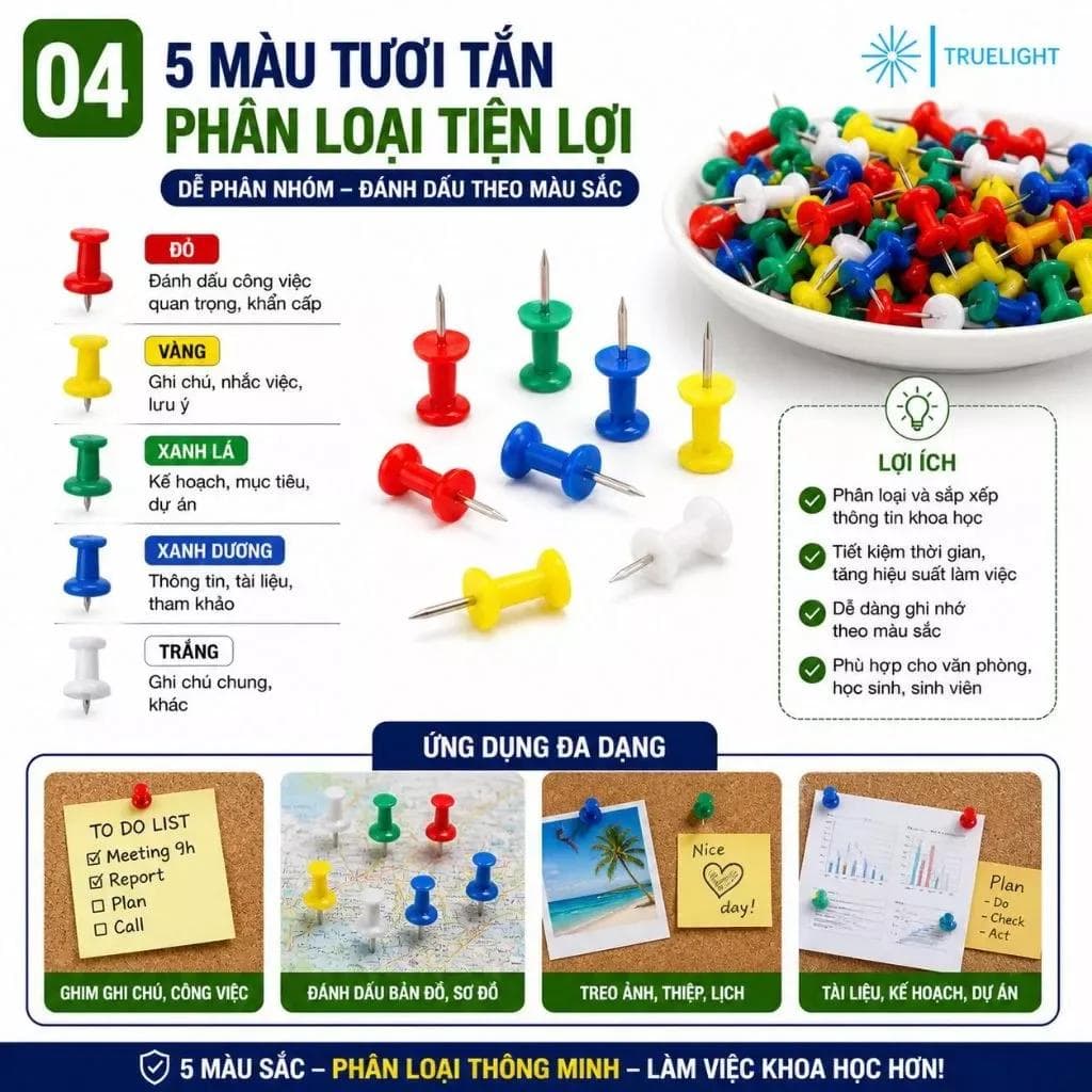 Đinh nhựa 50 cái đa màu sắc cắm bảng ghim dễ dàng