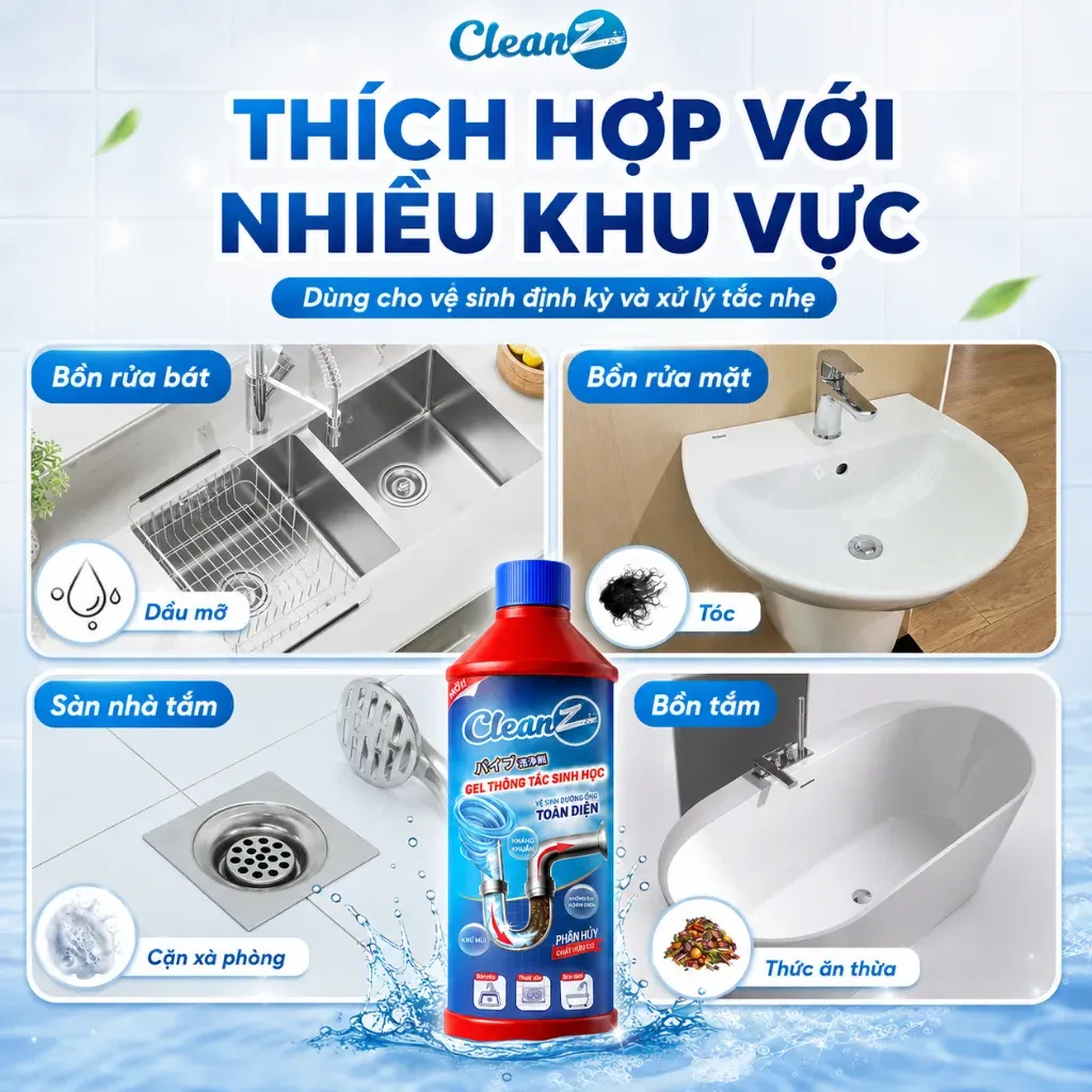 Gel thông cống sinh học CleanZ an toàn cho mọi loại ống