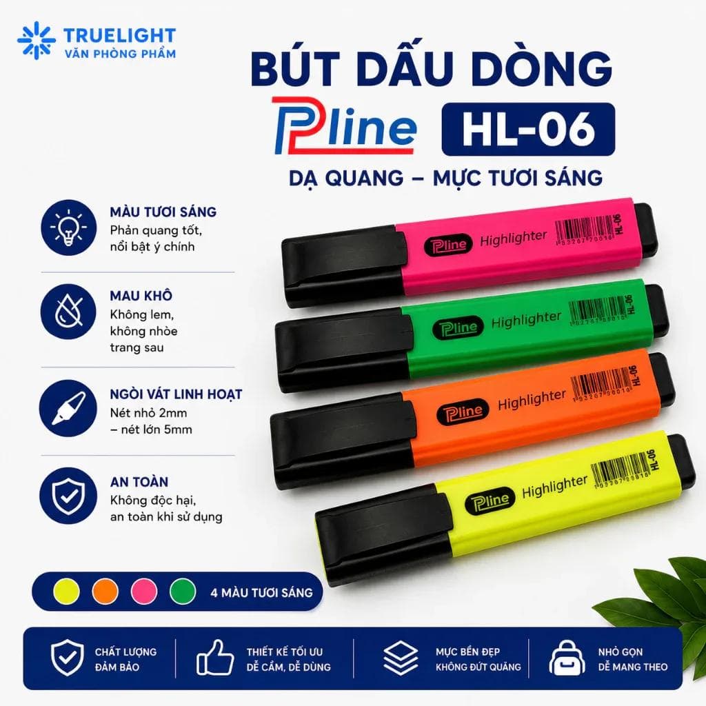 Bút highlight Pline đa màu nổi bật trên trang tài liệu