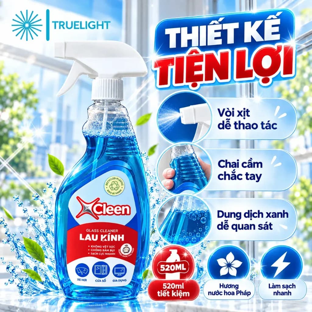 Lau kính cửa sổ với chai xịt Xcleen 520ml